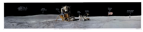 Charlie Duke Signed 40'' x 8'' Panoramic Lunar Photo From the Apollo 16 Mission -- Duke Also Handwrites Objects in the Photo Including Fellow Astronaut ''John Young''