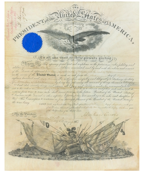Abraham Lincoln Military Appointment Signed as President -- With Full ''Abraham Lincoln'' Signature