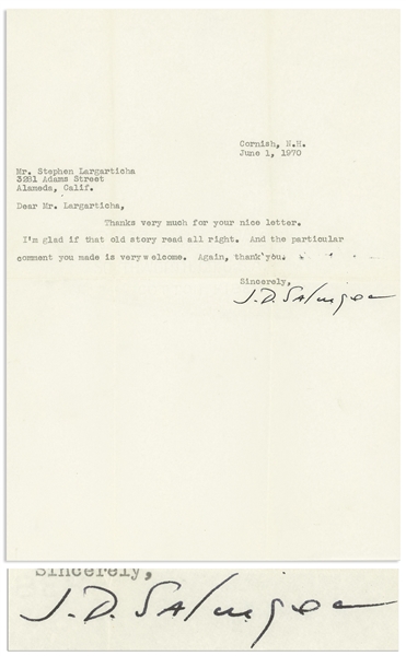 J.D. Salinger Letter Signed -- ''...I'm glad if that old story read all right...''