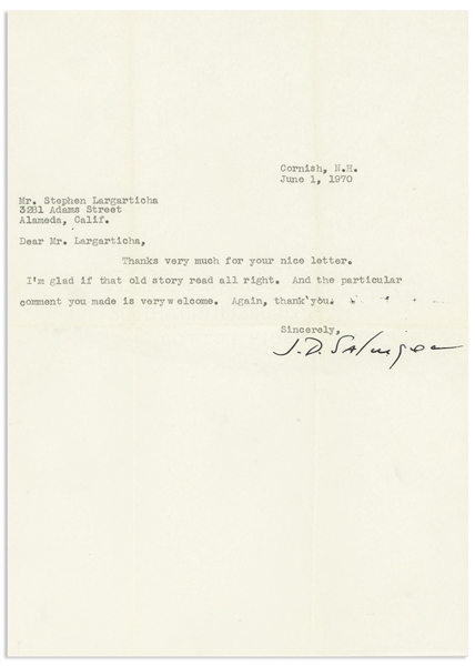 J.D. Salinger Letter Signed -- ''...I'm glad if that old story read all right...''