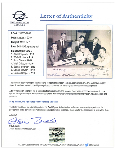 Mercury 7 Signed 10'' x 8'' Photo, Signed by All Seven Astronauts -- Uninscribed, With Steve Zarelli COA