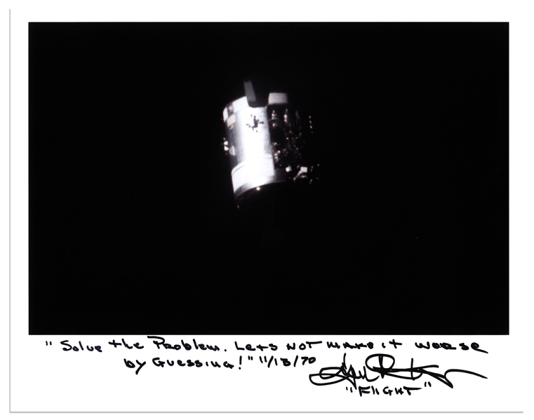 Apollo 13 Flight Director Gene Kranz Signed 10'' x 8'' Photo of the Damaged Module, With His Famous Quote -- ''Solve the Problem. Let's Not Make it Worse by Guessing!''
