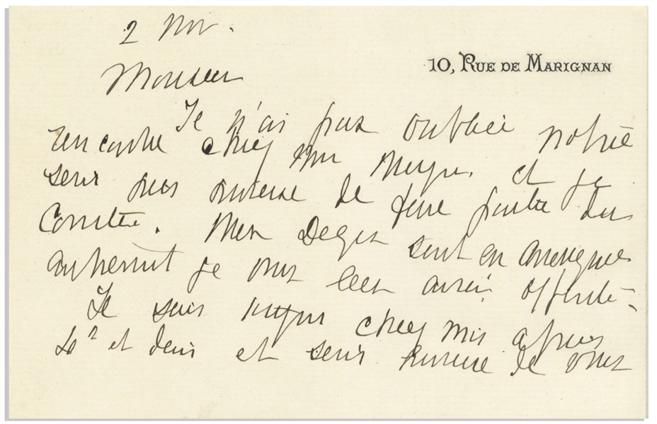 Mary Cassatt Autograph Letter Signed Mentioning Her Collaborator, Edgar Degas -- ''...My Degas are in Auvergne...''