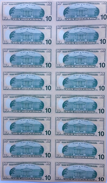 2006 Uncut Sheet of 16 $10 Federal Reserve Notes -- Near Fine -- With Original Tube From Bureau of Engraving & Printing