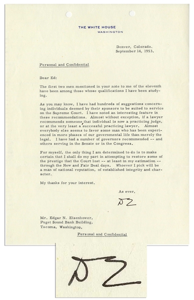 Dwight Eisenhower 1953 Letter Signed Regarding His Supreme Court Appointment -- ''...I shall...restore some of the prestige that the Court lost...through the New Deal and Fair Deal...''