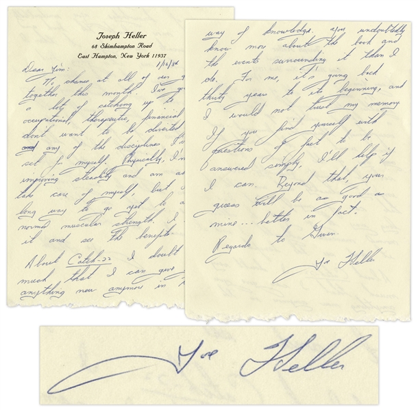 Joseph Heller Autograph Letter Signed -- ''...About Catch-22...you undoubtedly know more about the book and the events surrounding it than I do...I would not trust my memory...''