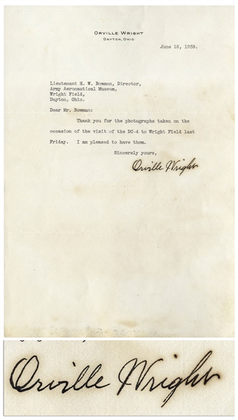 Orville Wright Letter Signed From 1939