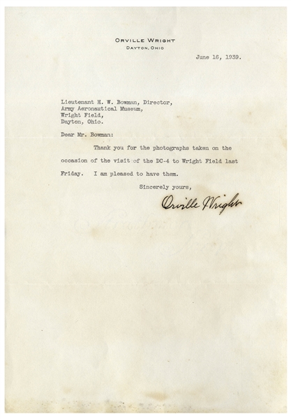 Orville Wright Letter Signed From 1939