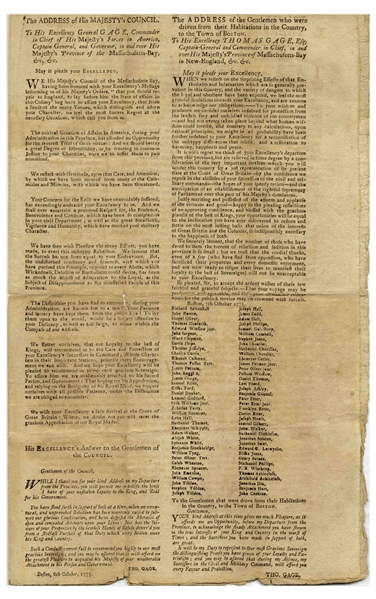 Revolutionary War Broadside From Boston in 1775, With Loyalists Bidding Farewell to Colonial Governor Thomas Gage, the First British Commander-in-Chief -- ''...dark Contrivances of ambitious Men...''