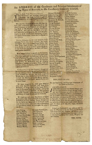 Revolutionary War Broadside From Boston in 1775, With Loyalists Bidding Farewell to Colonial Governor Thomas Gage, the First British Commander-in-Chief -- ''...dark Contrivances of ambitious Men...''