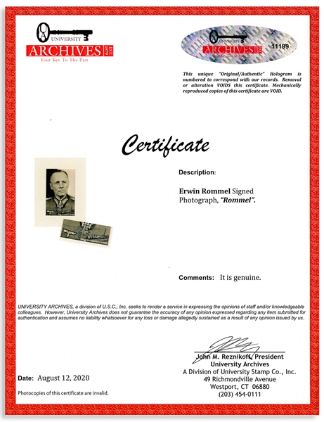 Erwin Rommel Signed Photo -- With University Archives COA