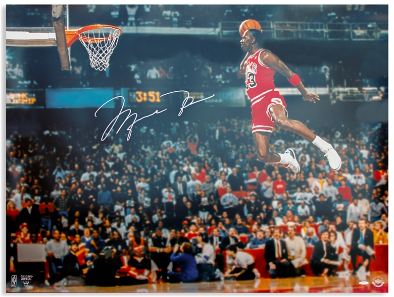 Michael Jordan 40'' x 30'' Signed Photo From the 1988 Slam Dunk Contest Showing Jordan's Perfect Scoring Slam Dunk -- With Upper Deck COA