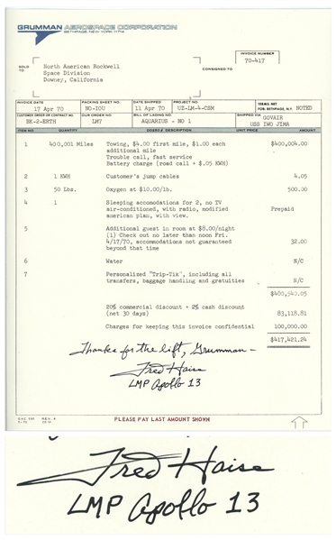 Fred Haise Signed Souvenir Copy of the Infamous Grumman ''Towing Invoice'' for Apollo 13