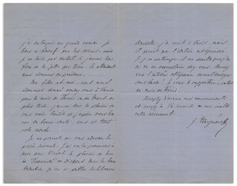Ivan Turgenev Autograph Letter Signed Praising Dickens: ''the pleasure of reading Dickens's Pickwick'' and His Own Novel ''Smoke'': ''I am undertaking a large novel - I have this bull by the horns''
