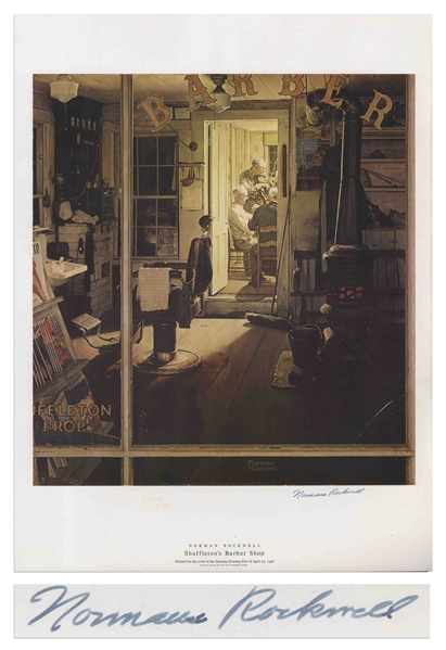 Norman Rockwell Large Signed Print of His ''The Saturday Evening Post'' Cover, ''Shuffleton's Barber Shop''