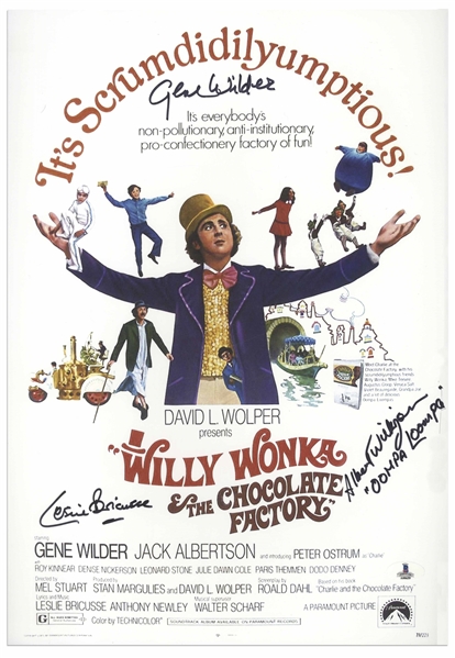 Gene Wilder Signed ''Willy Wonka and the Chocolate Factory'' 12'' x 18'' Photo -- Also Signed by Oompa Loompa Albert Wilkinson & Composer Leslie Bricusse