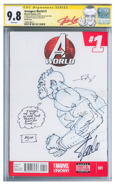 Frank Miller Hand-Drawn Sketch Cover Artwork for ''Avengers World #1'', Signed by Miller & Stan Lee -- CGC Graded 9.8