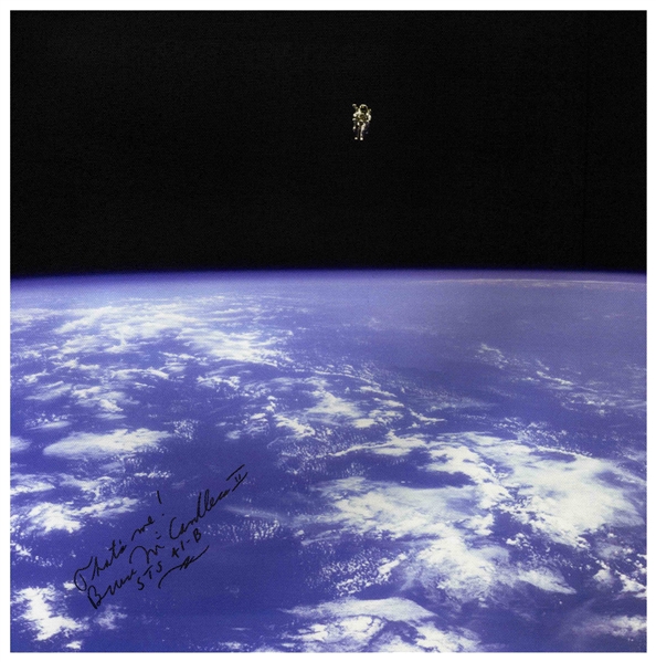 Bruce McCandless Signed 16'' x 16'' Canvas of Him Performing the First Untethered Spacewalk