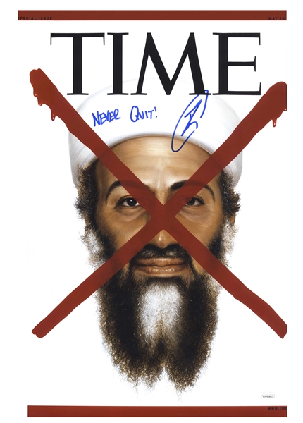 Navy Seal Robert O'Neill Signed 12'' x 18'' Photo of the TIME Magazine Cover After Osama bin Laden Was Killed -- O'Neill Was the Navy Seal Who Fatally Shot bin Laden -- With JSA COA