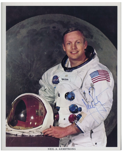 Neil Armstrong Signed 8'' x 10'' NASA White Spacesuit Photo -- Uninscribed & With JSA COA -- Near Fine Condition