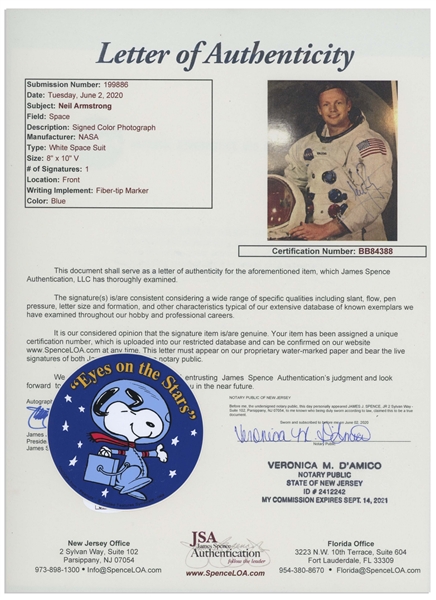 Neil Armstrong Signed 8'' x 10'' NASA White Spacesuit Photo -- Uninscribed & With JSA COA -- Near Fine Condition