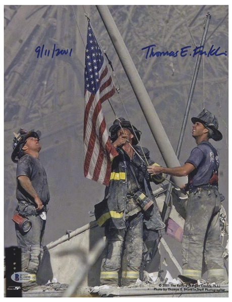 Photographer Thomas E. Franklin Signed 11'' x 14'' Photo of ''Raising the Flag at Ground Zero'' Dated 9/11/2001 -- With Beckett COA