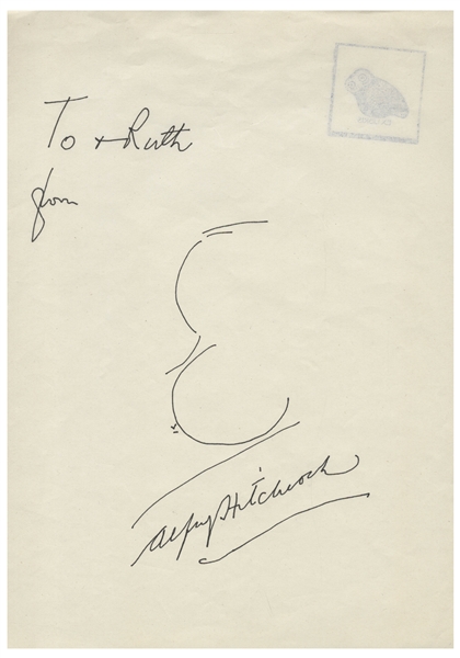 Alfred Hitchcock Signed Self-Portrait Sketch -- Measures 8.25'' x 12''