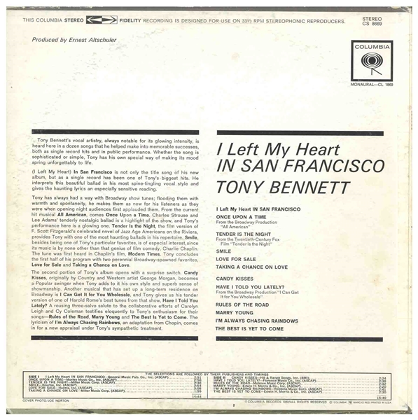 Tony Bennett Signed Album, ''I Left My Heart in San Francisco'' -- With Beckett COA