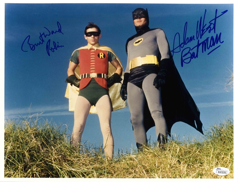 Adam West and Burt Ward Signed 14'' x 11'' Photo From ''Batman'' -- Uninscribed, With Both Men Adding Their Characters' Names -- With JSA COA
