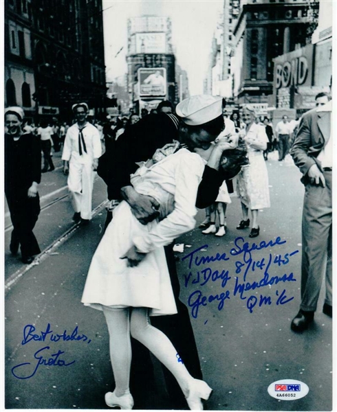 Photo of the Iconic Times Square Kiss to Celebrate the End of World War II, Signed by the Couple Greta Zimmer & George Mendonsa -- Photo Measures 8'' x 10'', With PSA/DNA COA