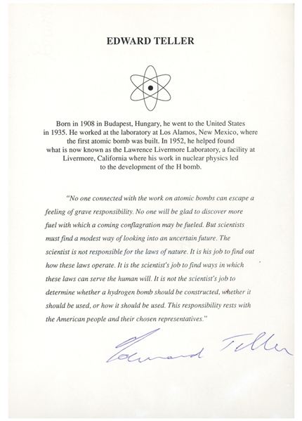''Father of the Hydrogen Bomb'', Edward Teller Signed Statement -- ''...The scientist is not responsible for the laws of nature...''