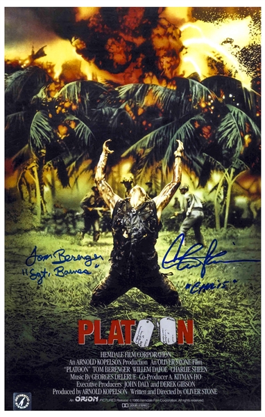 Tom Berenger and Charlie Sheen Signed ''Platoon'' Photo of the Movie Poster Measuring 11'' x 17''