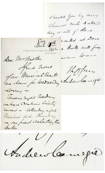 Andrew Carnegie 1902 Autograph Letter Signed Regarding Carnegie Hall -- ''...this presented at door Carnegie Hall will find admission to our Box...''