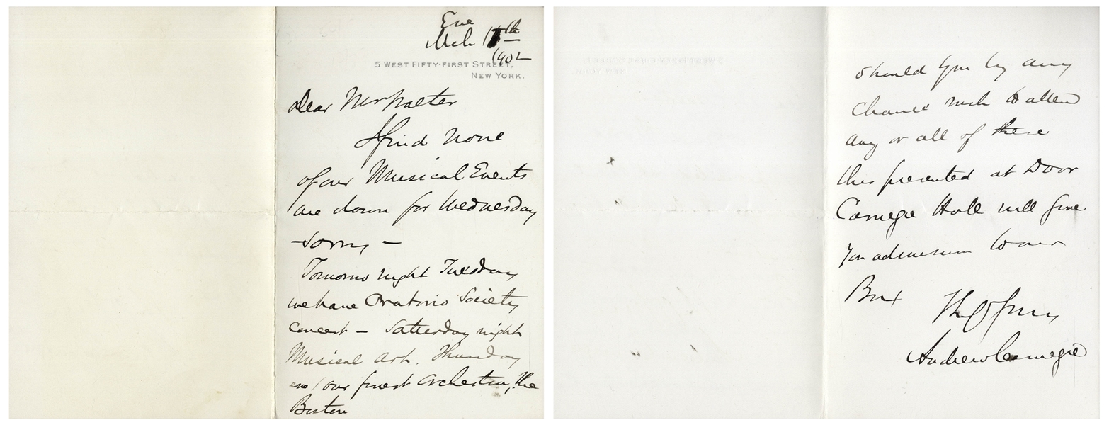 Andrew Carnegie 1902 Autograph Letter Signed Regarding Carnegie Hall -- ''...this presented at door Carnegie Hall will find admission to our Box...''