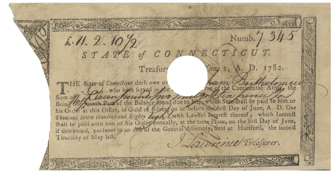 Revolutionary War Bond Issued to a Continental Army Soldier in the Connecticut Line