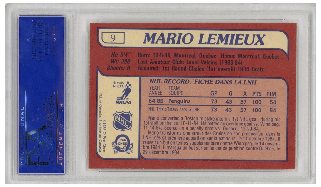 Mario Lemieux 1985 O-Pee-Chee Rookie Card #9 -- PSA Graded Mint 9