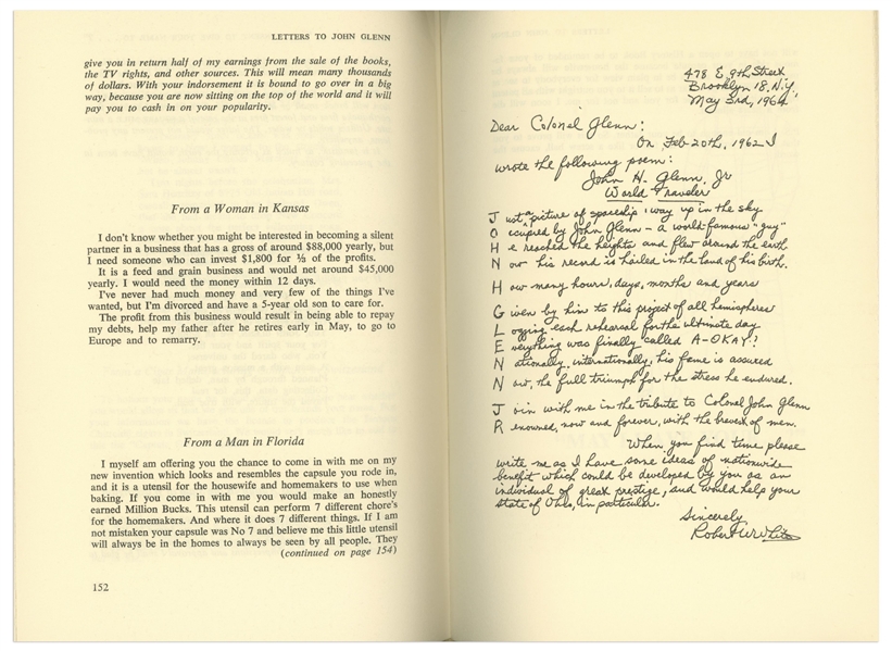 John Glenn Signed Copy of His Book, ''Letters to John Glenn'' -- Given by Glenn to the Grissom Family