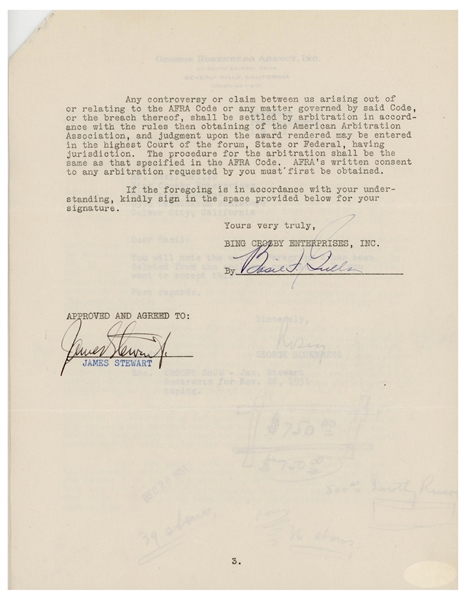 James Stewart Signed Contract to Appear on Bing Crosby's Radio Program -- With JSA COA