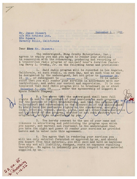James Stewart Signed Contract to Appear on Bing Crosby's Radio Program -- With JSA COA