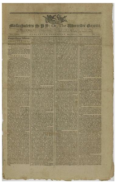 'Massachusetts Spy'' Newspaper With President George Washington's State of the Union Address in 1794 -- Washington Addresses the Whiskey Rebellion: ''citizens...capable of an insurrection''