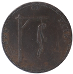 18th Century British Condor Halfpenny Token Showing Thomas Paine as the Hanging Man on Obverse and a Warning of Jacobins on Reverse