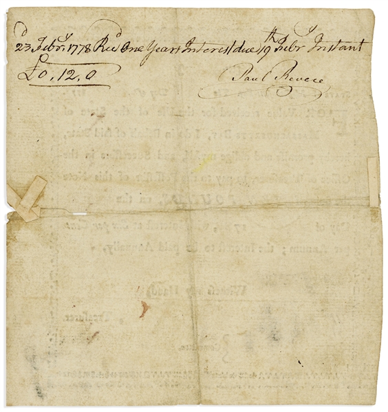 Scarce Paul Revere Signed ''Bounty Note'' From 1777 Issued by the Massachusetts-Bay Colony to Fund the Revolutionary War -- Likely Revere's Personally Owned Debt Note -- With University Archives COA