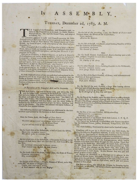 Revolutionary War Broadside Regarding ''Demonstrations of Joy'' to Mark the War's End -- With Details on the Infamous ''Triumphal Arch'' in Philadelphia, Which Erupted in Flames the Night of Its Debut