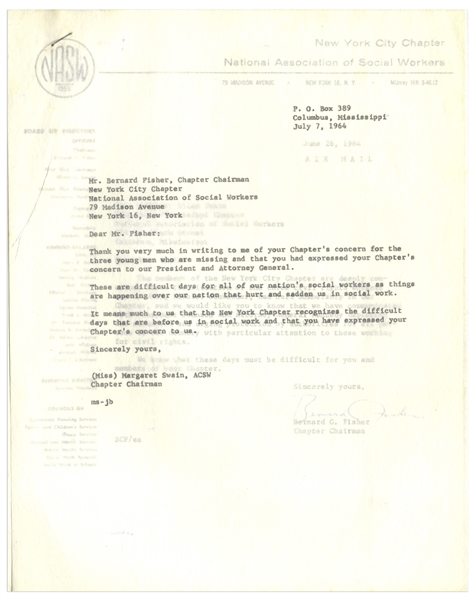Two Letters Regarding the 1964 Murders of the Three CORE Civil Rights Activists in Mississippi