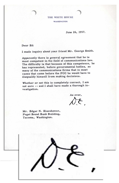 Dwight Eisenhower Letter Signed as President Regarding Conflict of Interest for a Possible Presidential Appointment -- ''...Whether or not this is completely correct I am not sure...''