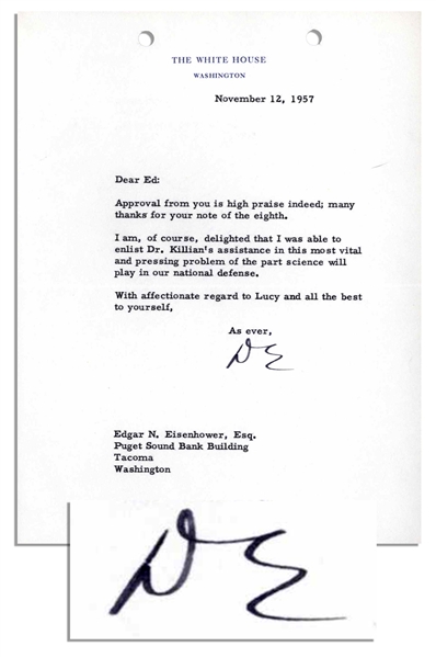 Dwight Eisenhower Letter Signed as President -- ''...this most...pressing problem of the part science will play in our national defense...''