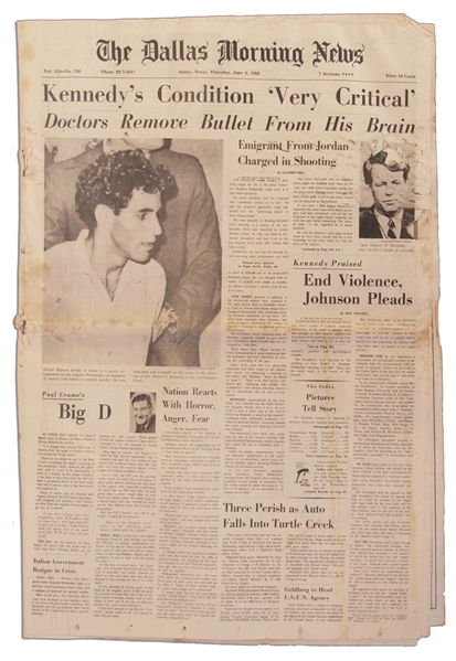 Robert Kennedy Assassination Newspaper From 6 June 1968