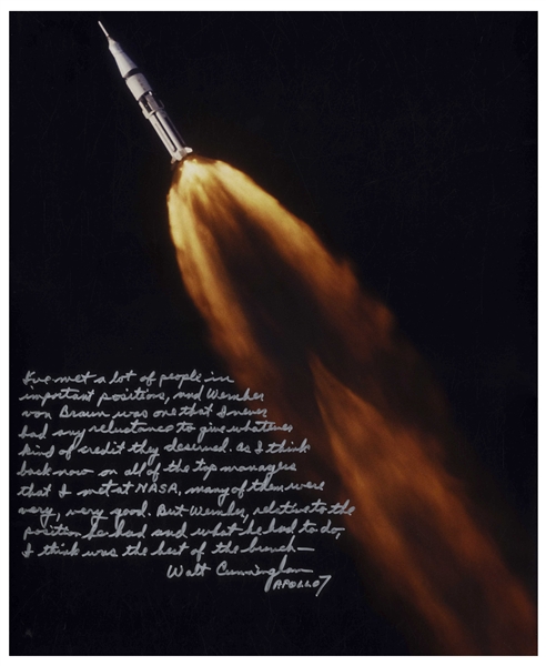 Walt Cunningham Signed 16'' x 20'' Photo With Personal Message Honoring Wernher von Braun -- ''...Wernher...was the best of the bunch...''