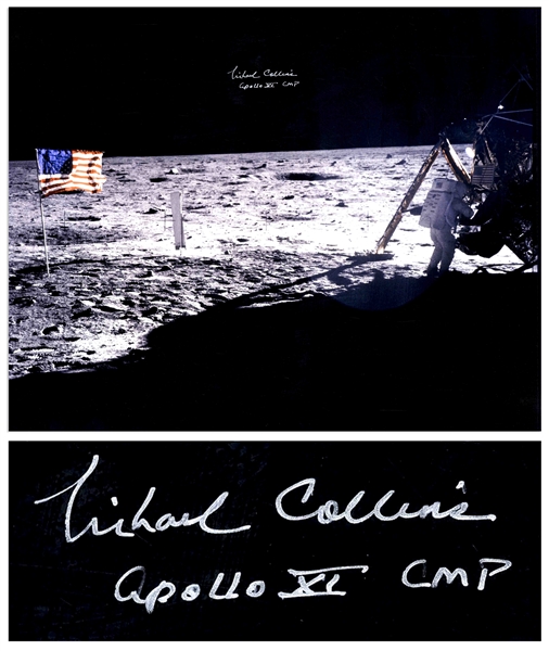 Michael Collins Signed 20'' x 16'' Photo of the Moon, Capturing Both Neil Armstrong and the United States Flag