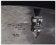 Al Worden & Dave Scott Signed 20 x 16 Photo of the Apollo 15 Command Module Against the Moon -- Worden Additionally Writes Earth: A distant memory seen in an instant of repose